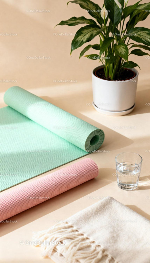 Rolled pastel yoga mats next to green houseplant and water