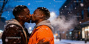 Winter Evening Kiss Between Loving Gay Couple Outdoors