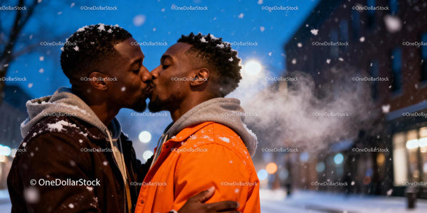 Winter Evening Kiss Between Loving Gay Couple Outdoors