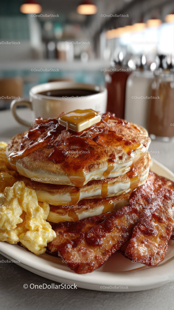 Stack of Pancakes with Butter Maple Syrup Bacon and Eggs in Cozy Cafe