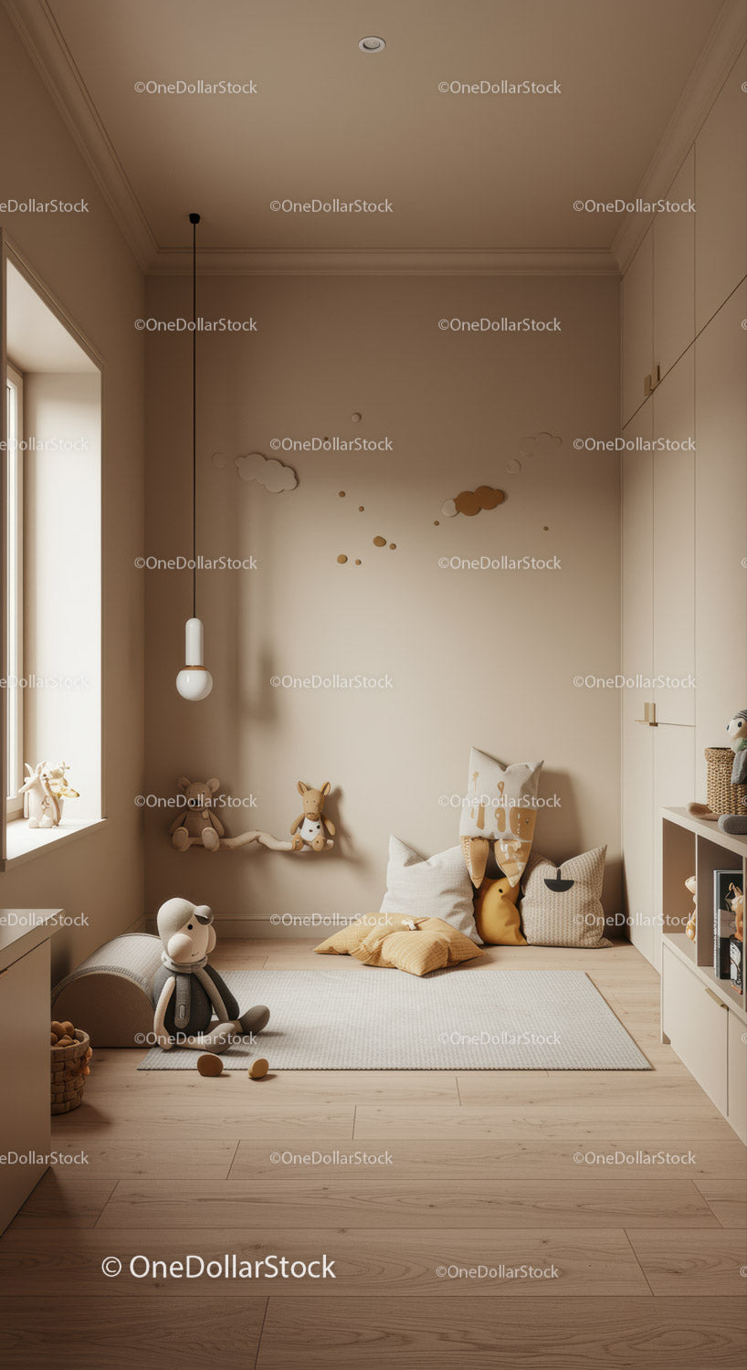 Modern Children's Playroom with Plush Toys and Soft Decor