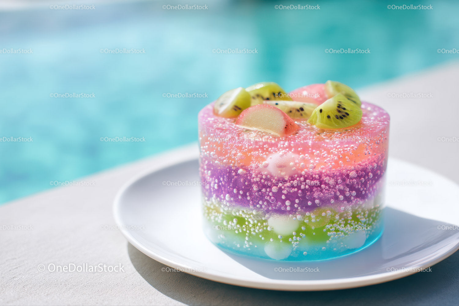 Colorful Fruit Jelly Dessert with Fresh Slices Near Pool