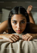 Elegant Young Woman with Dark Hair and Penetrating Eyes in Modern Portrait