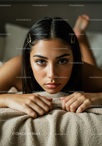 Elegant Young Woman with Dark Hair and Penetrating Eyes in Modern Portrait