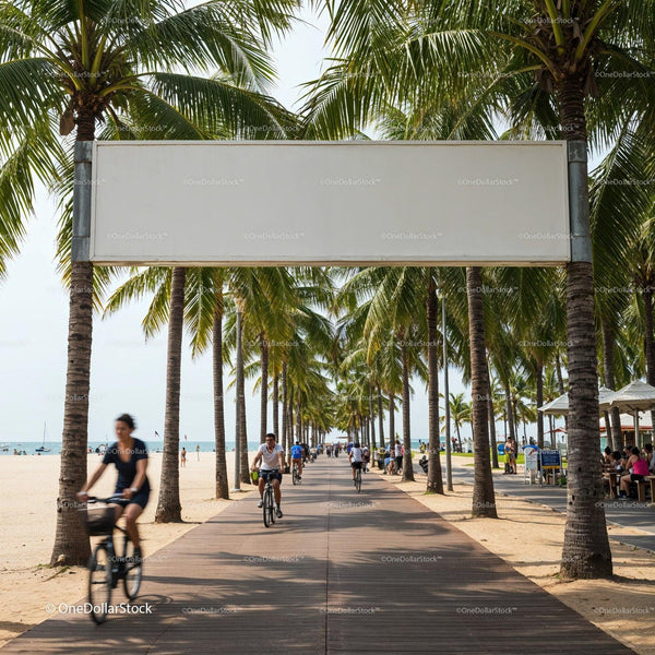 Palm-lined boardwalk with cyclists by the beach JPG Mockup Image