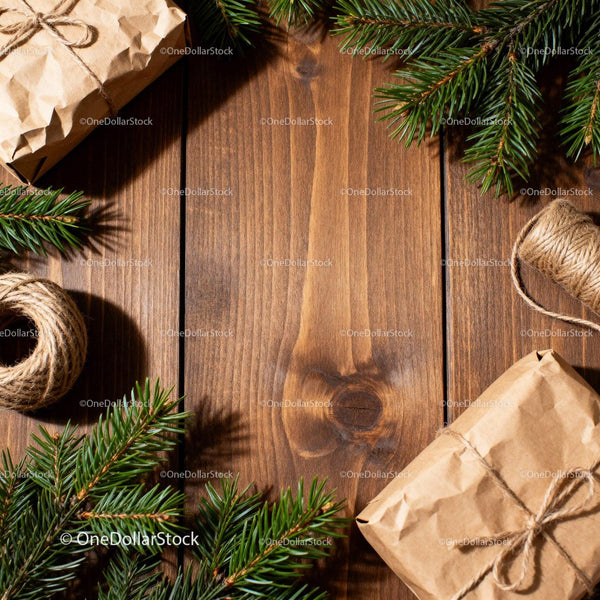 Rustic Christmas Wrapping Scene with Fir Branches