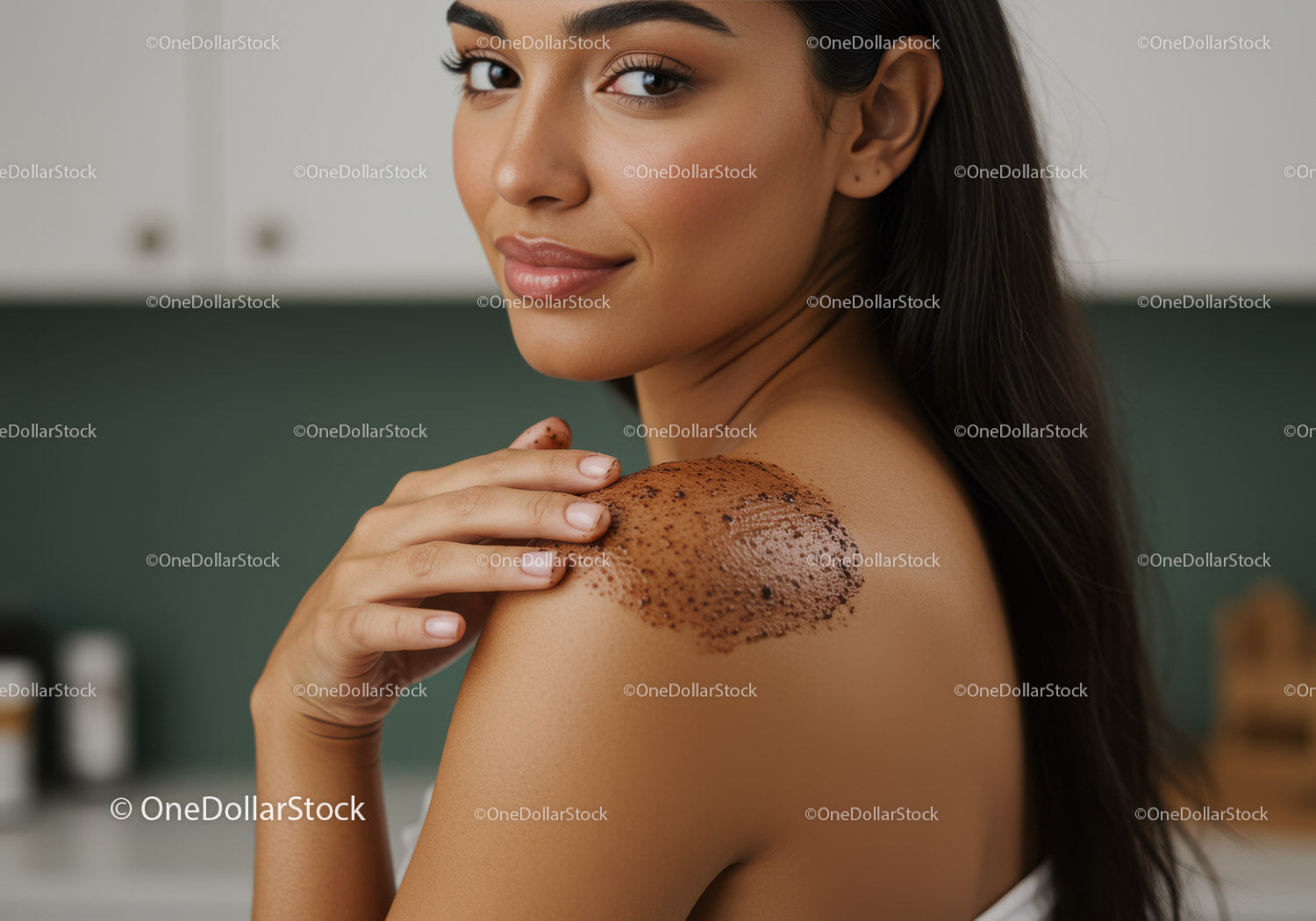 Woman Applying Exfoliating Scrub on Shoulder for Skin Rejuvenation