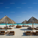 Beach Lounge Area with Straw Umbrellas and Sunbeds by the Ocean