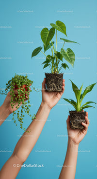 Hands Holding Three Young Indoor Houseplants in Soil