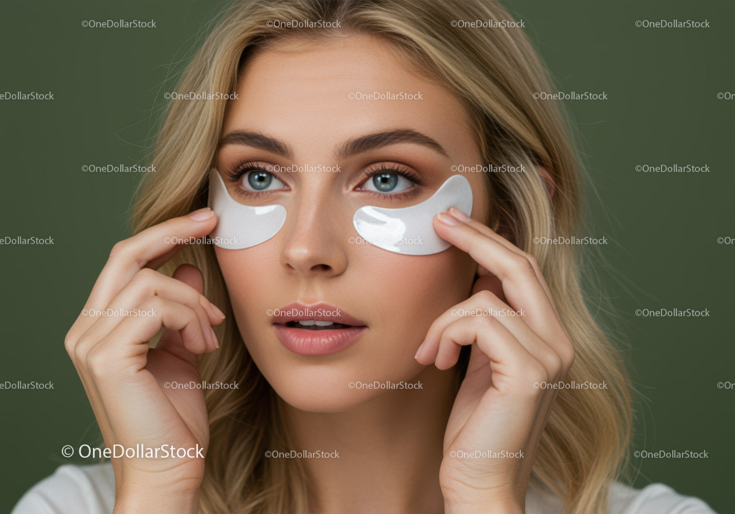 Woman with Blue Eyes Applying Under Eye Patches for Skincare
