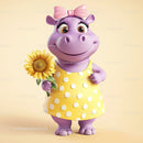 Cute Cartoon Hippo Holding Sunflower in Yellow Dress for Kids Illustration