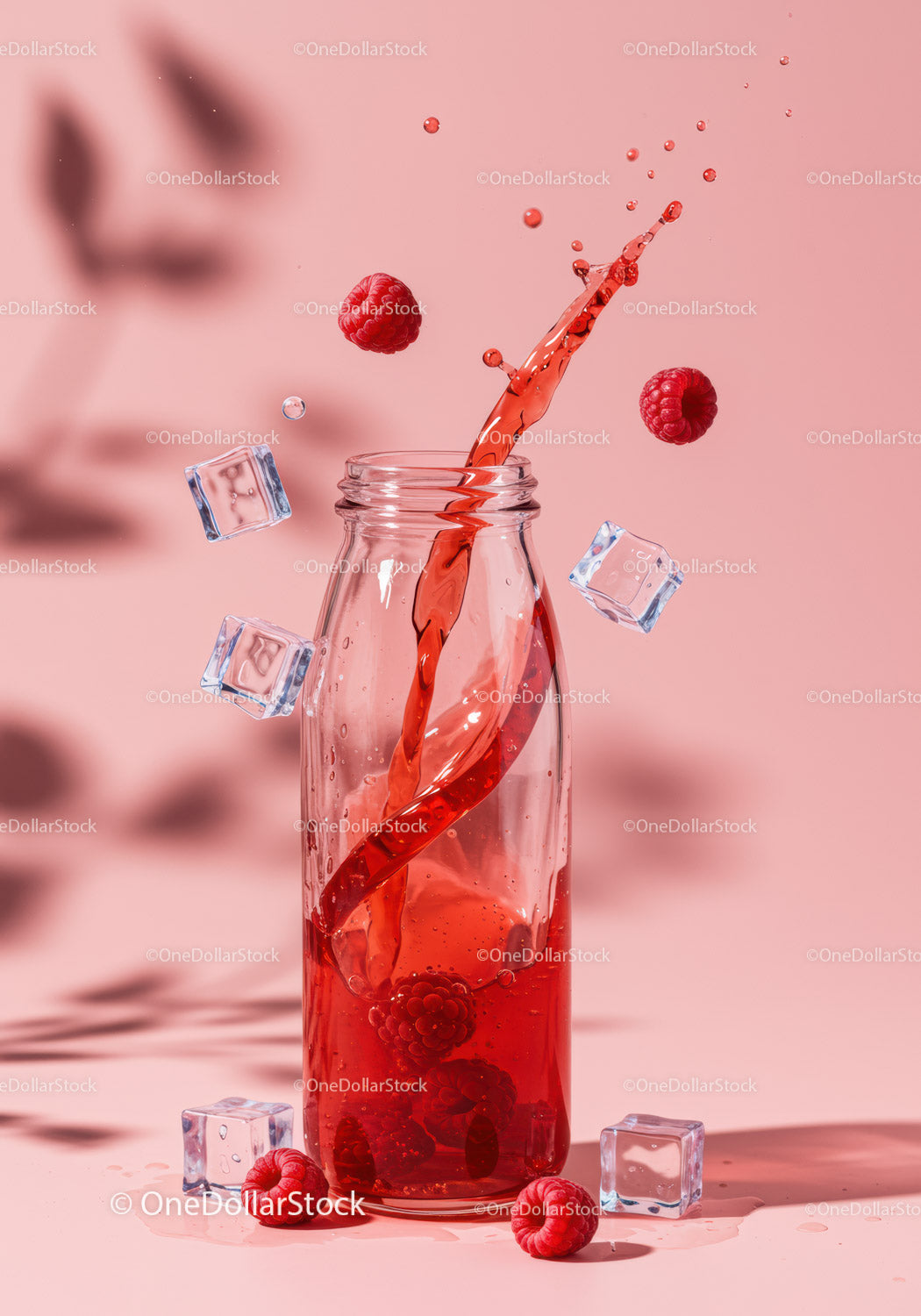 Refreshing raspberry drink splashing in glass bottle