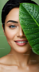 Close-Up of Woman with Blue Eye and Large Green Leaf with Water Droplets