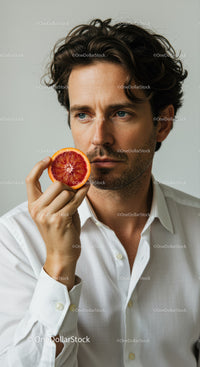 Stylish Man with Blood Orange Slice on Neutral Background