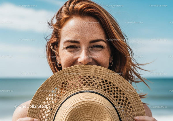 Smiling Woman Holding Straw Hat with Ocean in Background for Summer Lifestyle