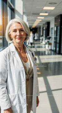 Confident Senior Female Doctor Standing in Hospital Corridor
