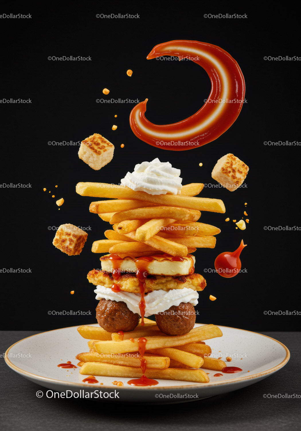 Stack of French Fries with Meatballs and Sauces on Plate
