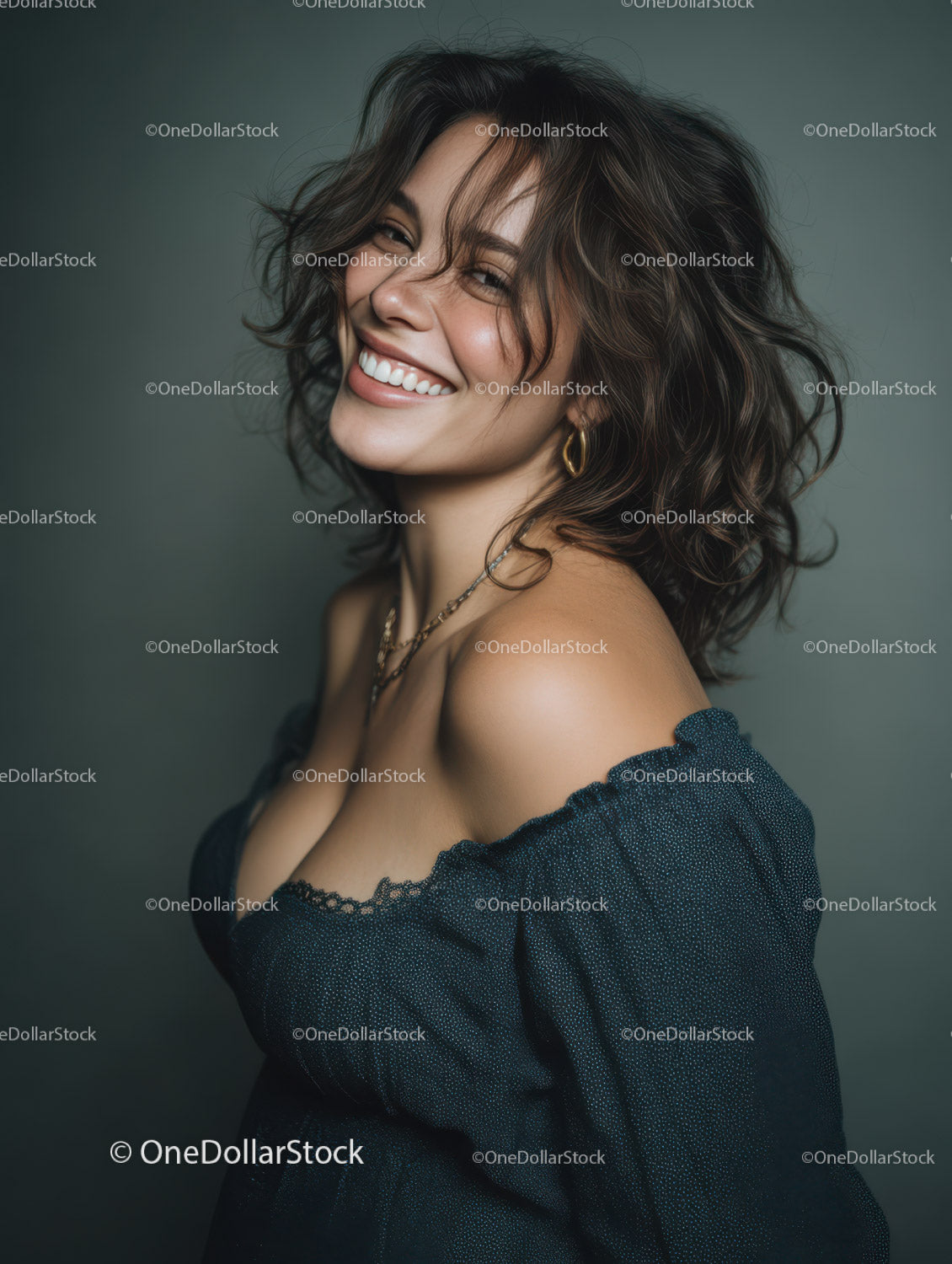 Confident Woman with Curly Hair Smiling in Studio Portrait