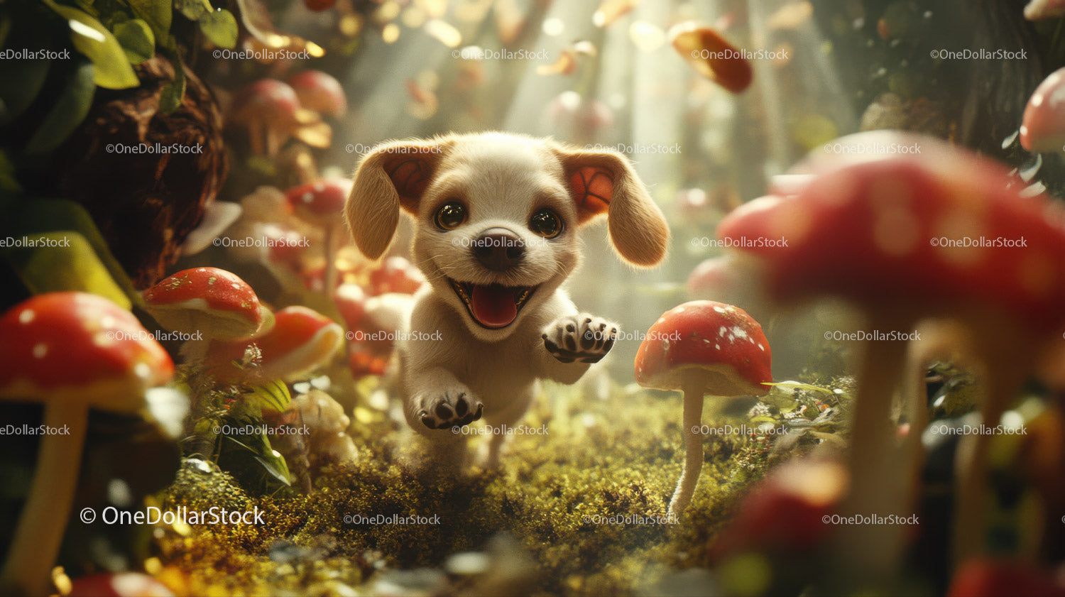 Cute Puppy Running in Forest with Red Mushrooms and Sunlight