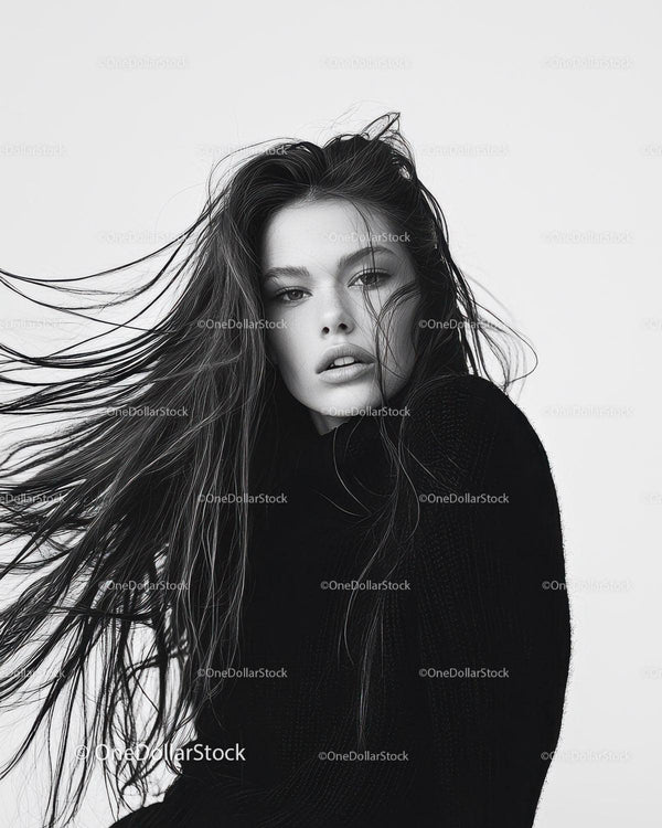 Black and White Portrait of a Woman with Flowing Hair