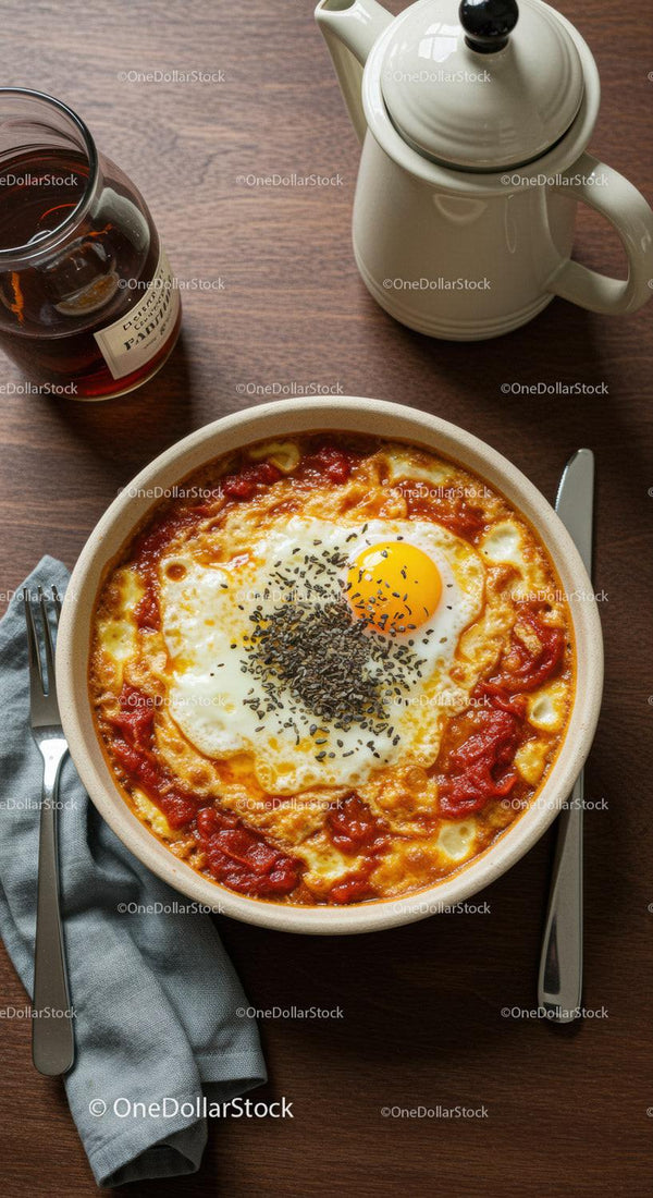 Shakshuka with Egg and Spices in Rustic Setting