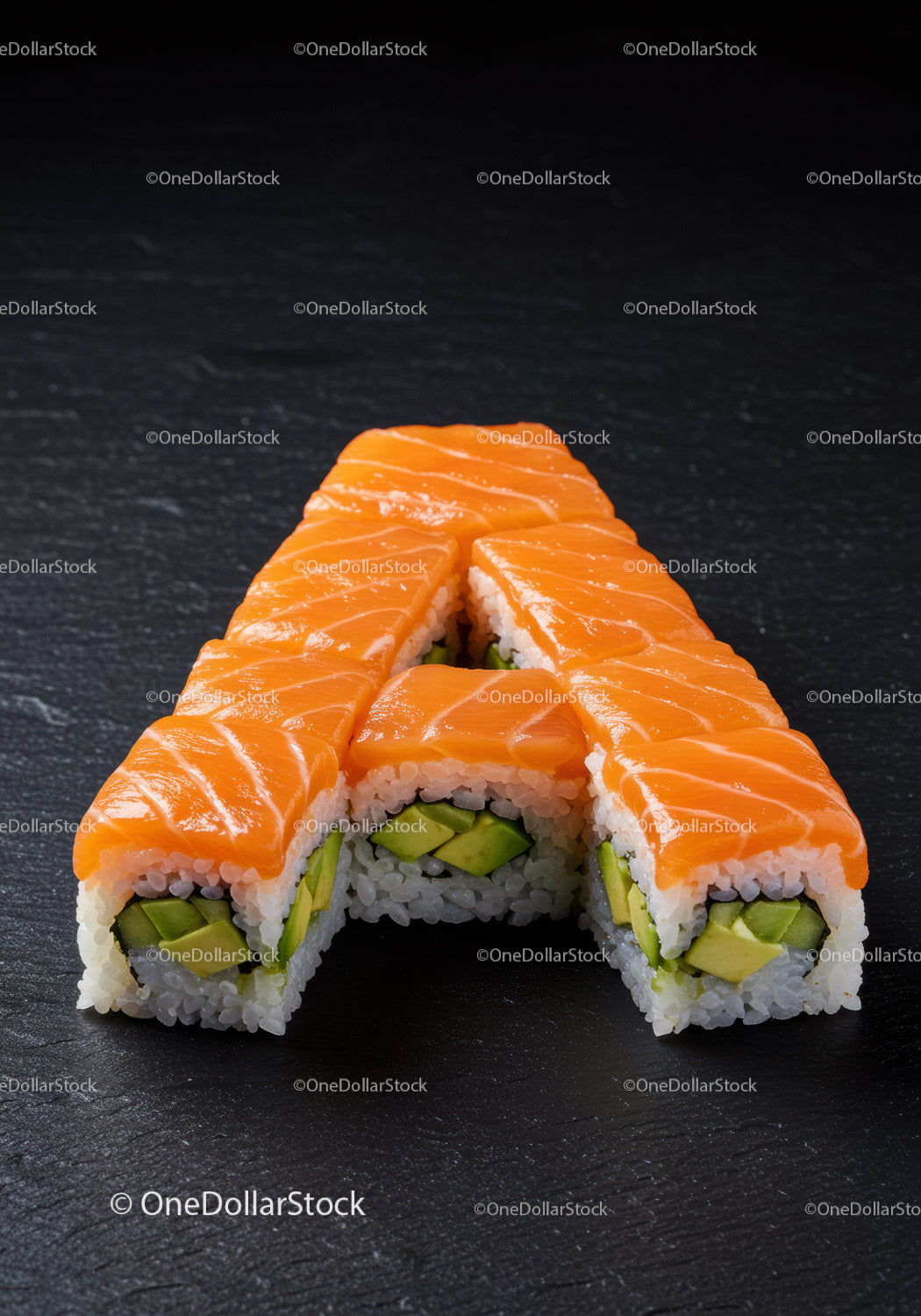 Sushi Rolls Arranged in Letter A with Salmon and Avocado