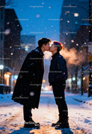 Couple sharing a tender kiss on snowy city street at night