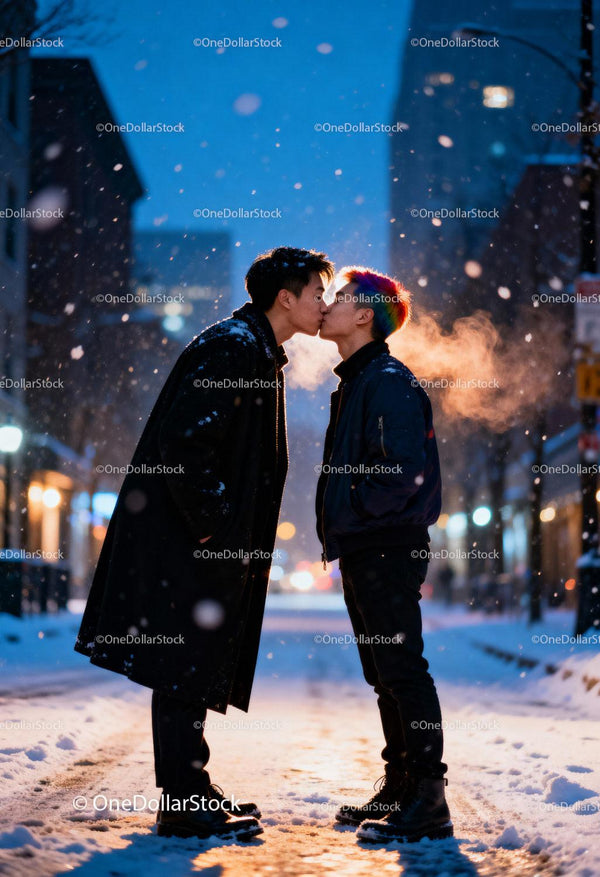 Couple sharing a tender kiss on snowy city street at night