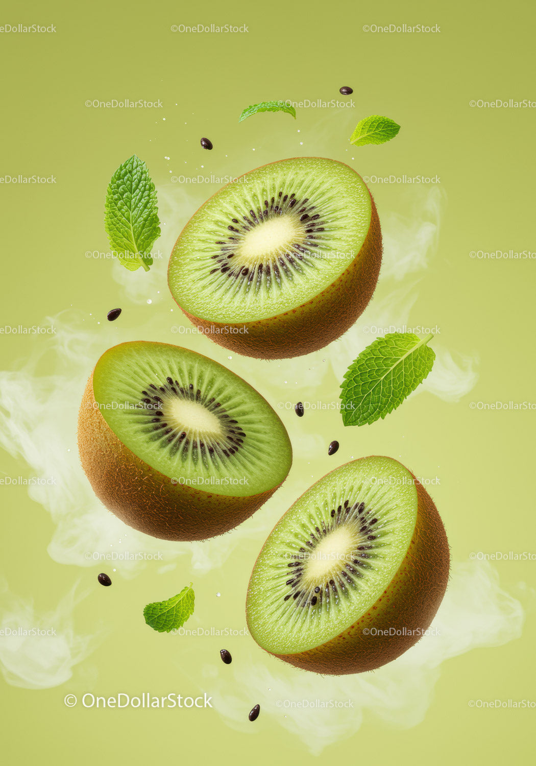 Fresh Kiwi Halves with Mint Leaves Floating Airily