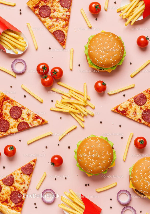 Flat lay of fast food with pizza fries and burgers