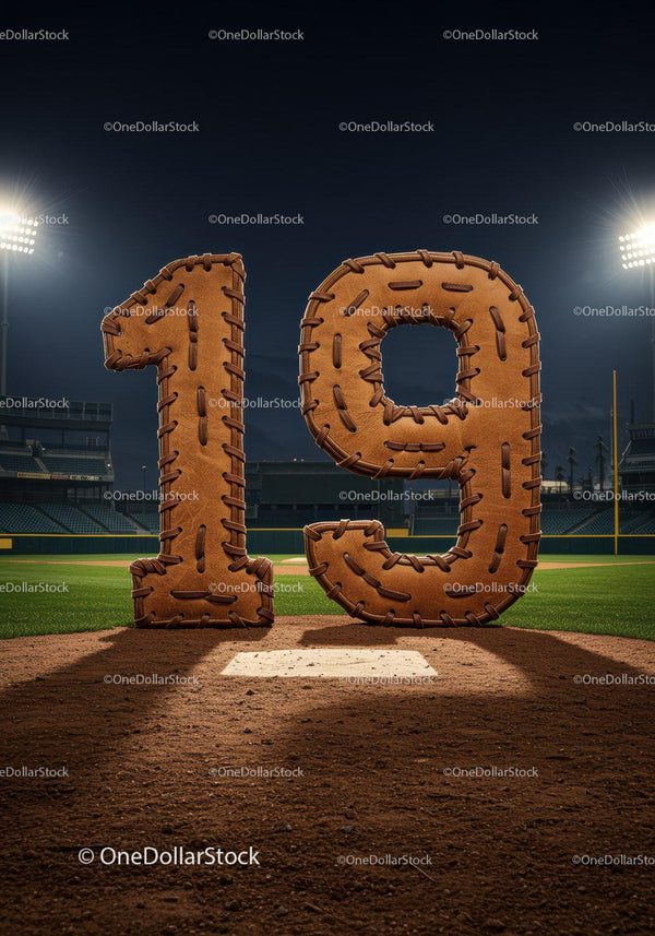 Stitched Leather Number 19 on Baseball Field at Night