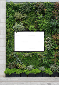 Blank billboard framed by lush green vertical garden