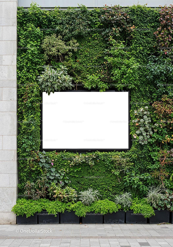 Blank billboard framed by lush green vertical garden JPG Mockup Image