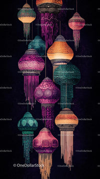 Colorful Lanterns Hanging at Night for Festival Celebrations