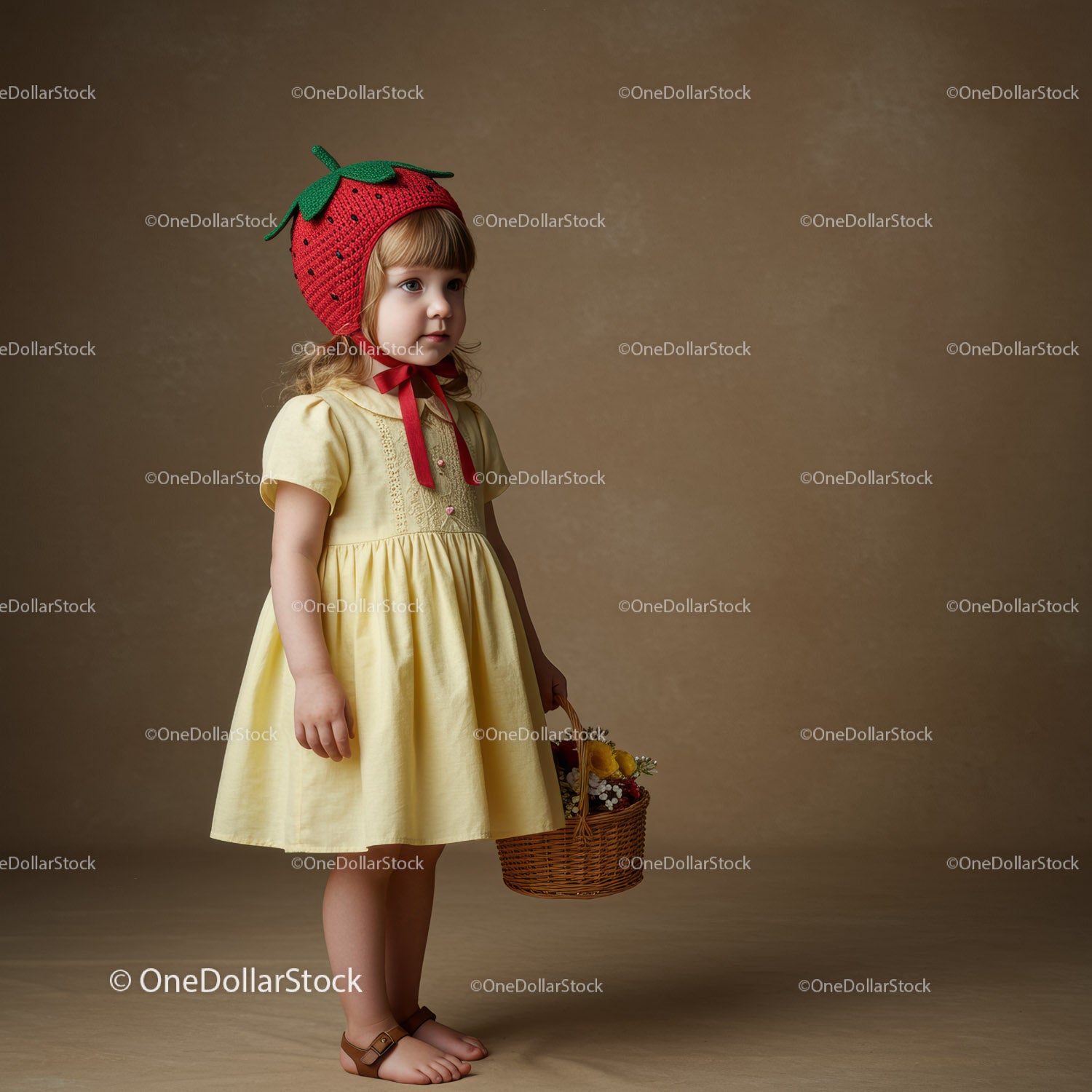 Little Girl in Strawberry Hat Holding Flower Basket