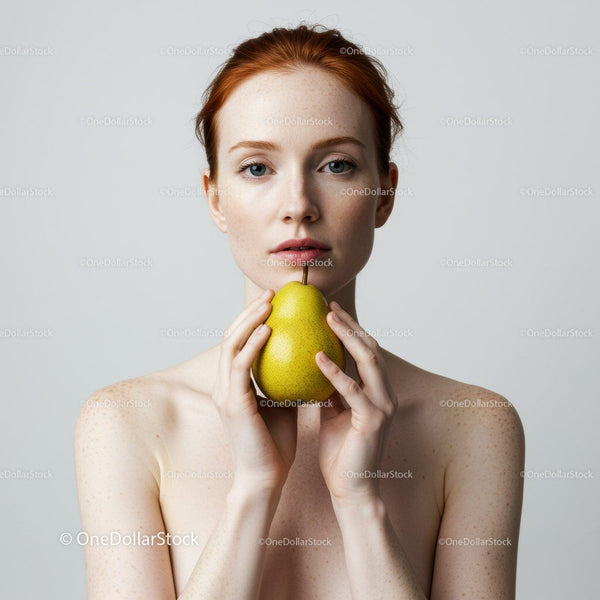 Portrait of a Woman with Red Hair Holding a Pear in a Minimalist Setting