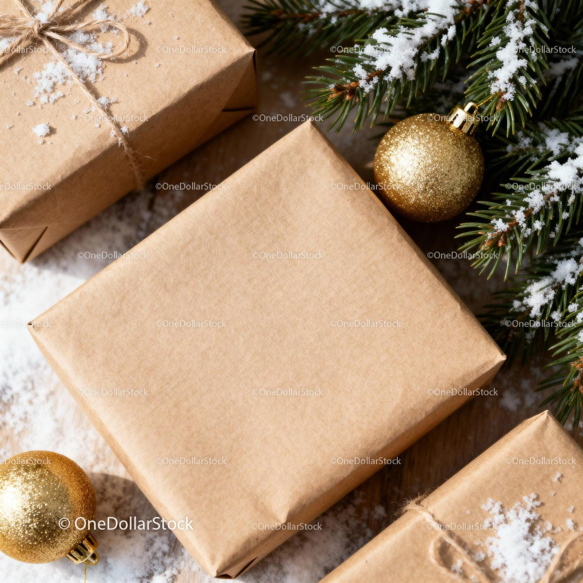 Wrapped Christmas gifts with pine and golden ornaments JPG Mockup Image preview