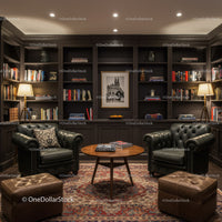 Elegant Reading Nook with Leather Armchairs and Bookshelves