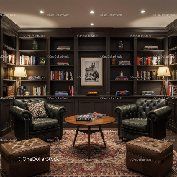 Elegant Reading Nook with Leather Armchairs and Bookshelves