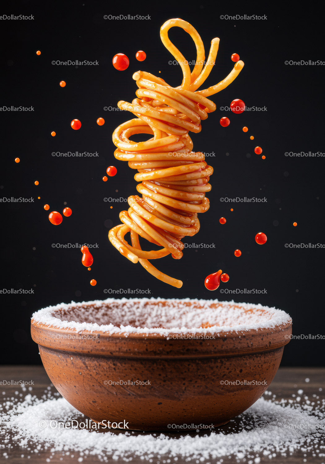 Suspended spaghetti with tomato sauce over bowl rimmed with salt