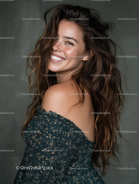 Bright Smile Woman with Wavy Hair Wearing Stylish Dress