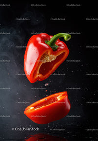 Fresh red bell pepper sliced midair with water droplets