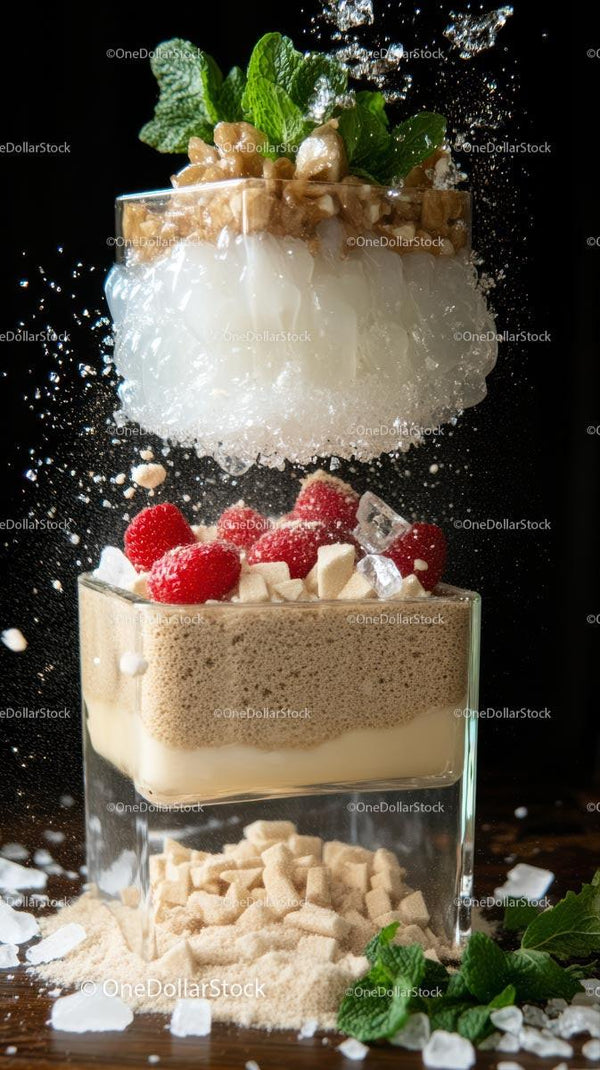 Elegant Layered Dessert with Raspberry and Mint Garnish in a Glass