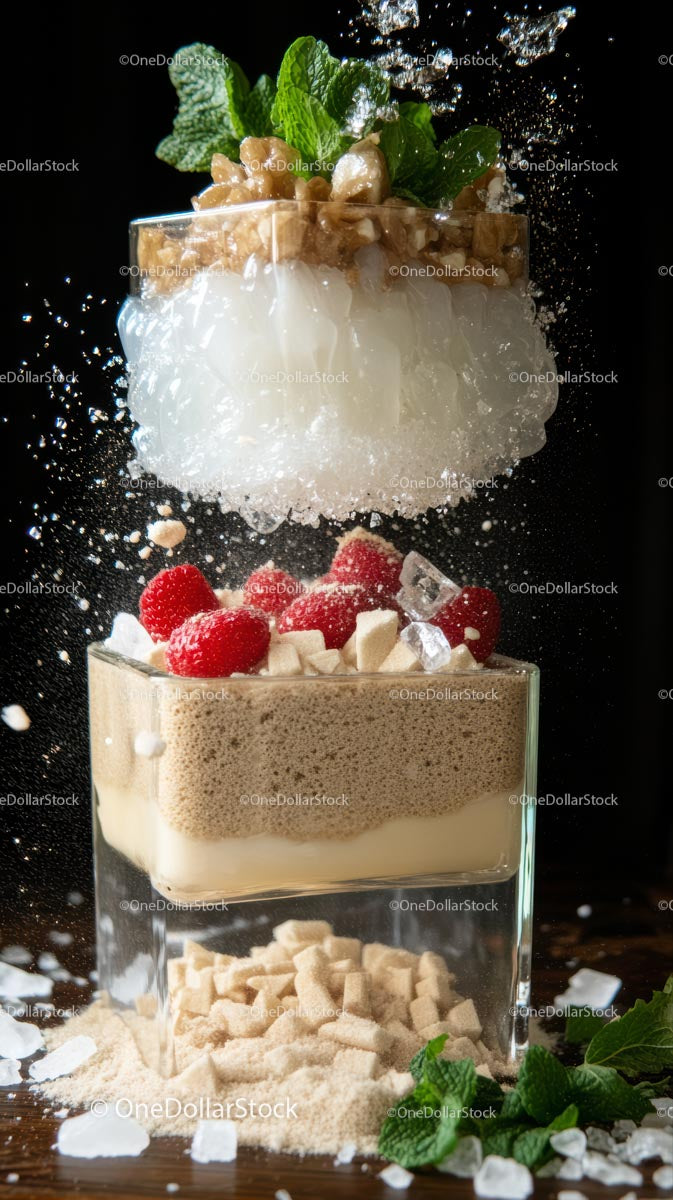 Elegant Layered Dessert with Raspberry and Mint Garnish in a Glass