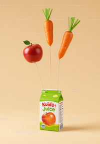 Kids Juice Box Lifted by Floating Fruits Balloons