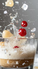 Ice Cubes and Cherries Splashing into a Fresh Cold Drink