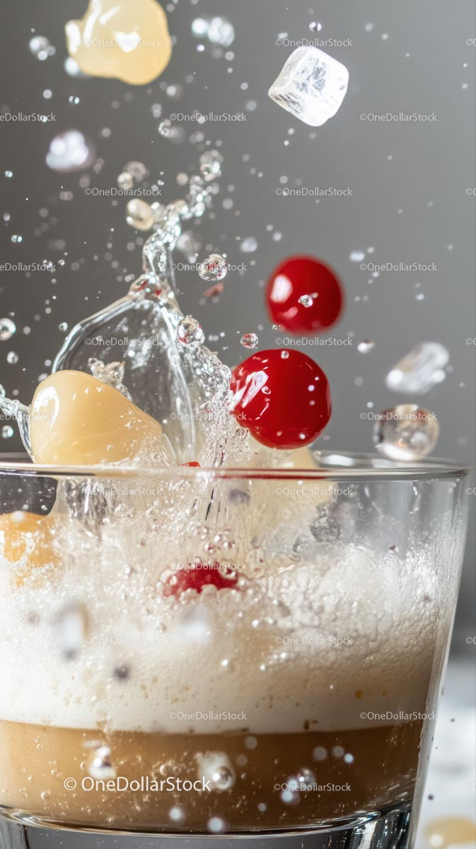 Ice Cubes and Cherries Splashing into a Fresh Cold Drink