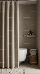 Modern Beige Shower Curtain Bathroom with Stone Tiles and Woven Basket