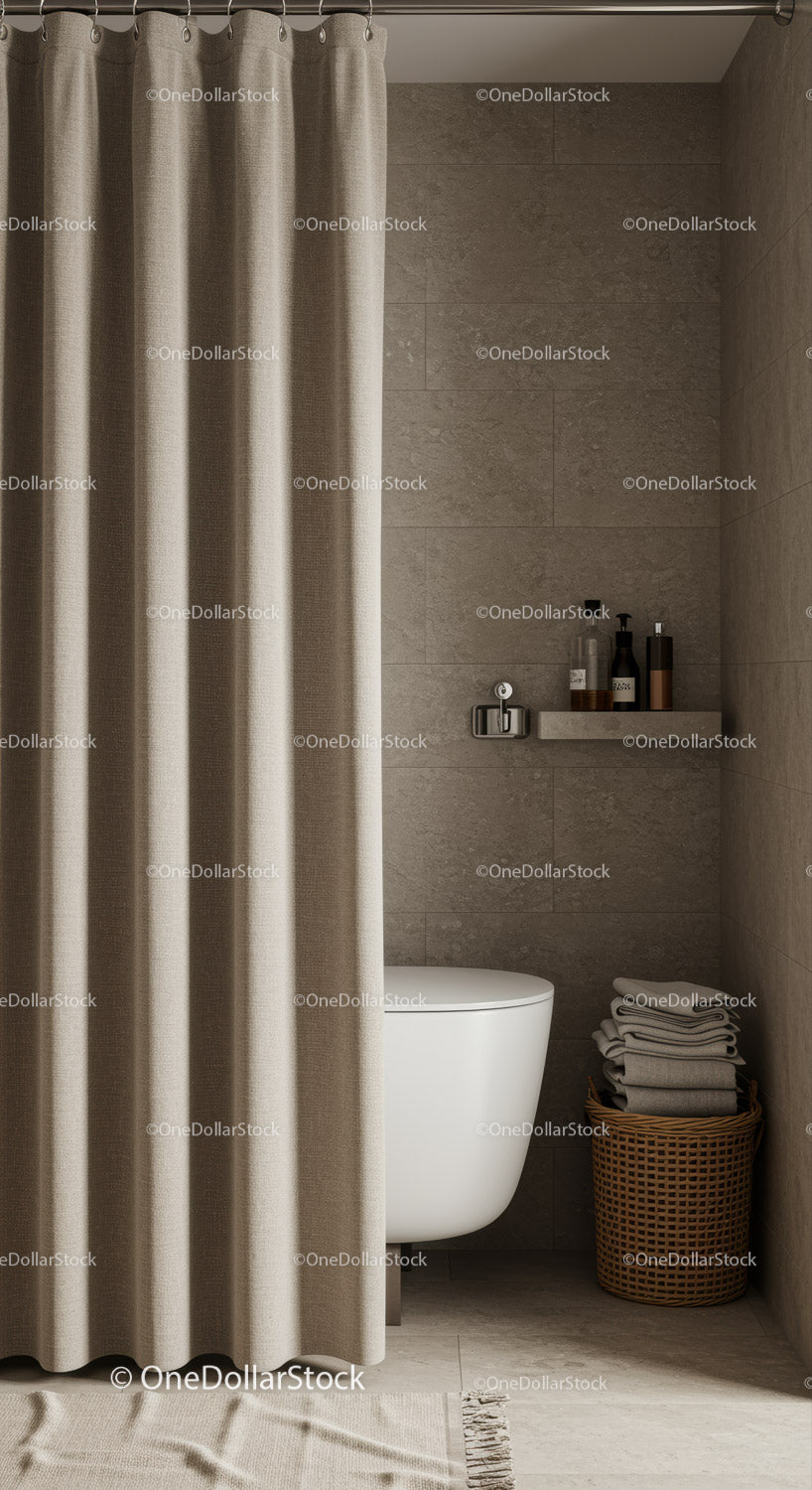 Modern Beige Shower Curtain Bathroom with Stone Tiles and Woven Basket