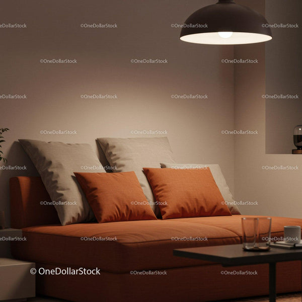 Cozy Bedroom with Orange Pillows and Warm Lighting